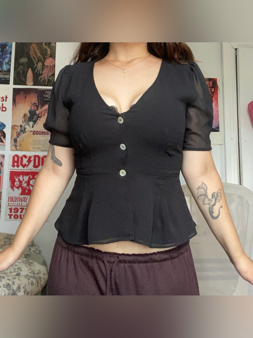 Aritzia Wilfred black blouse with button-up front and peplum hem
